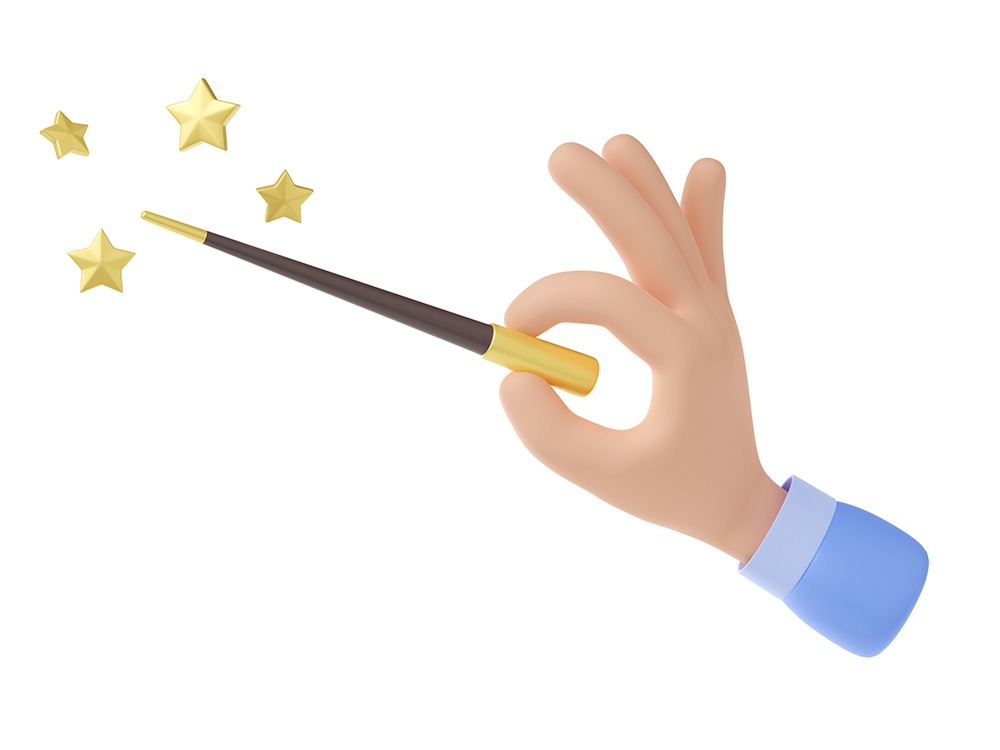 3d wizard hand hold magic wand with golden stars